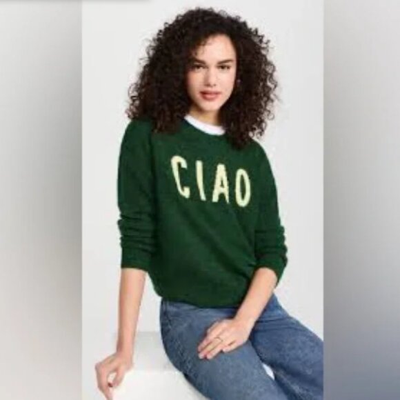 Anthropologie Sweaters - Sundry Ciao Crewneck Sweater Green Intarsia Knit Word Pullover Size Medium
